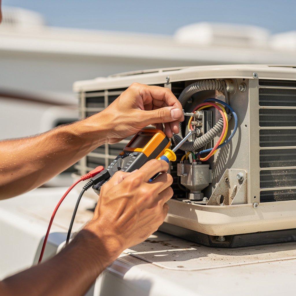 LUISRVSD Mobile RV Repair technician performing expert AC maintenance on an RV in San Diego