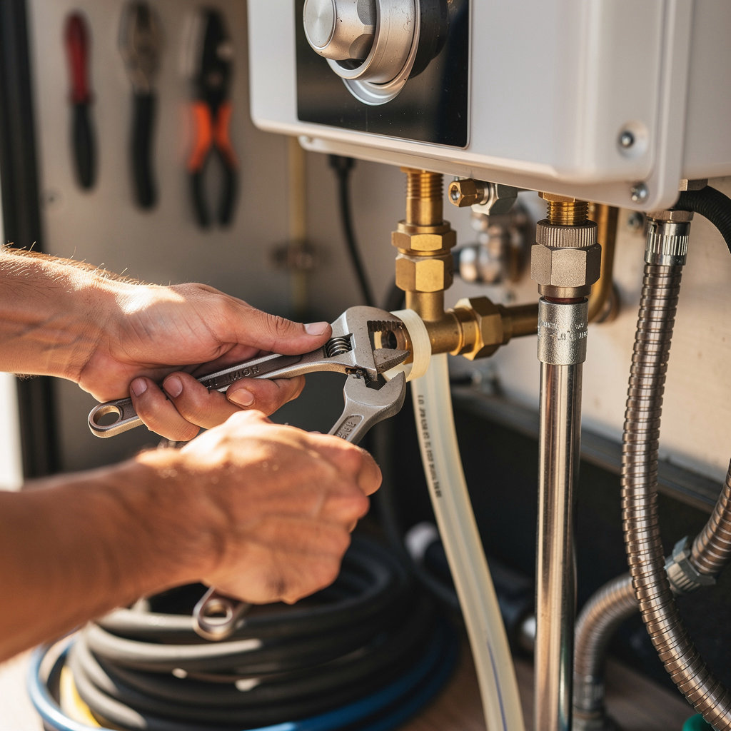 LUISRVSD Mobile RV Repair technician servicing an RV water heater and plumbing system in San Diego